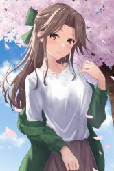 Rule 34 | 1girl, absurdres, alternate costume, blush, brown eyes, brown hair, brown jacket, brown skirt, cherry blossoms, closed mouth, commission, hair intakes, half updo, highres, jacket, jintsuu (kancolle), kantai collection, long hair, monoku, open clothes, open jacket, outdoors, petals, shirt, skeb commission, skirt, smile, solo, upper body, white shirt