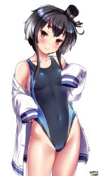 Rule 34 | 1girl, alternate costume, anchor, anchor symbol, bare shoulders, black hair, blue one-piece swimsuit, blush, breasts, brown eyes, buttons, closed mouth, collarbone, competition swimsuit, covered navel, cowboy shot, gradient hair, grey hair, groin, hair between eyes, hairband, hat, head tilt, headgear, highleg, highleg swimsuit, highres, kantai collection, long sleeves, looking at viewer, mini hat, multicolored hair, one-piece swimsuit, short hair, short hair with long locks, sidelocks, simple background, skindentation, small breasts, smile, solo, standing, swimsuit, swimsuit under clothes, thighs, tokitsukaze (kancolle), tsuchimiya, white background