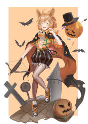 Rule 34 | 1girl, absurdres, ahoge, animal ears, animal print, arknights, arrow (projectile), bandage over one eye, bandaged arm, bandages, bat (animal), black cloak, black footwear, black hat, black skirt, blonde hair, bow (weapon), braid, brown pantyhose, cloak, closed eyes, collared shirt, commentary, crescent print, cross, crossbow, flat chest, full body, hair between eyes, hair ornament, halloween, halloween costume, hat, highres, holding, holding crossbow, holding weapon, jack-o&#039;-lantern, kroos (arknights), kroos (the mag) (arknights), longyu (17767756), looking at viewer, medium hair, midriff, miniskirt, nail, nail polish, navel, official alternate costume, one eye covered, open clothes, open mouth, open shirt, orange nails, orange shirt, outside border, pantyhose, rabbit ears, rabbit print, rabbit tail, romaji commentary, sarashi, shiny clothes, shiny legwear, shirt, shoes, side braid, simple background, skirt, skull hair ornament, smile, solo, spire, striped clothes, striped skirt, tail, target, tombstone, top hat, v, vertical-striped clothes, vertical-striped skirt, weapon, white background, yellow background
