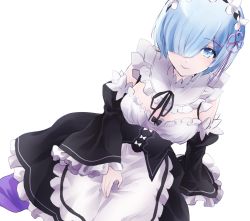 Rule 34 | 10s, 1girl, apron, arm support, blue eyes, blue hair, blush, bow, breasts, cleavage, detached sleeves, dress, dutch angle, flower, frilled dress, frilled sleeves, frills, from above, hair flower, hair ornament, hair over one eye, hair ribbon, hand in lap, highres, large breasts, light blush, light smile, long sleeves, looking at viewer, maid, maid apron, maid headdress, pralire, re:zero kara hajimeru isekai seikatsu, rem (re:zero), ribbon, seiza, short hair, simple background, sitting, solo, white background, wide sleeves, x hair ornament