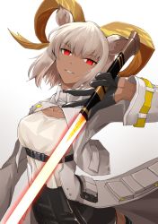 Rule 34 | 1girl, animal ears, arknights, beam saber, belt, black belt, black gloves, black shorts, boushi-ya, breasts, carnelian (arknights), coat, commentary, dark-skinned female, dark skin, gloves, goat ears, goat girl, half gloves, holding, holding sword, holding weapon, horns, large breasts, looking at viewer, red eyes, shirt, shorts, simple background, smile, solo, sword, weapon, white background, white coat, white hair, white shirt
