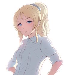 Rule 34 | 10s, 1girl, ayase eli, backlighting, blonde hair, blue eyes, collared shirt, highres, light smile, long hair, looking at viewer, love live!, love live! school idol project, miura-n315, ponytail, shirt, simple background, sleeves rolled up, smile, solo, upper body, white background