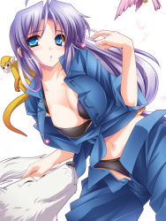 Rule 34 | 1girl, bird, blue eyes, breasts, cleavage, dog, highres, long hair, monety, monkey, open clothes, open fly, open pants, open shirt, original, pants, purple hair, shirt, sleeves rolled up, solo, unzipped