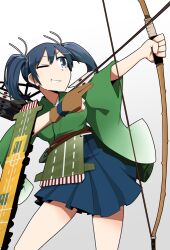 Rule 34 | armor, arrow (projectile), blue eyes, blue hair, blue hakama, blue skirt, bow (weapon), brown gloves, commentary request, drawing bow, gloves, gradient background, green kimono, green sleeves, grin, hair ribbon, hakama, hakama short skirt, hakama skirt, high-waist skirt, holding, holding arrow, holding bow (weapon), holding weapon, japanese clothes, kantai collection, kimono, long hair, long sleeves, looking ahead, ribbon, simple background, single glove, skirt, smile, souryuu (kancolle), taniya raku, twintails, weapon, white background, white ribbon