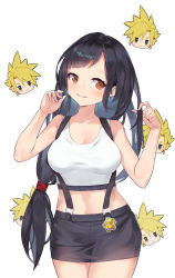 Rule 34 | 1girl, bare arms, bare shoulders, black hair, black skirt, blonde hair, breasts, brown eyes, chibi, chibi inset, cloud strife, cowboy shot, crop top, earrings, final fantasy, final fantasy vii, green eyes, hands up, highres, jewelry, large breasts, long hair, looking at viewer, low-tied long hair, midriff, miniskirt, parted lips, pencil skirt, simple background, skirt, smile, standing, stomach, suspenders, tank top, tifa lockhart, timwhale, very long hair, white background, white tank top