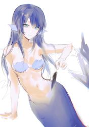 Rule 34 | 1girl, absurdres, arknights, bare arms, bare shoulders, bikini, bikini top only, blue eyes, blue hair, breasts, cleavage, closed mouth, feathers, head wings, highres, holding, holding feather, long hair, looking at viewer, medium breasts, mermaid, monster girl, monsterification, mostima (arknights), navel, shell, shell bikini, shenhuili, simple background, smile, solo, stomach, swimsuit, white background, wings