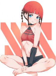 Rule 34 | 1girl, armpit crease, asukagawa chise, bare shoulders, barefoot, black choker, black skirt, blue eyes, braid, breasts, choker, closed mouth, commentary request, crop top, detached sleeves, feet, gridman universe, highres, indian style, kamidan, looking at viewer, mole, mole under mouth, navel, o-ring, red hair, short hair, single detached sleeve, sitting, skirt, sleeveless, small breasts, smile, solo, split mouth, ssss.dynazenon, toes, twin braids, twintails, v-shaped eyebrows
