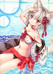 Rule 34 | 1girl, animal ears, bikini, blush, breasts, cleavage, collarbone, detached sleeves, groin, hair ornament, highres, inubashiri momiji, large breasts, looking up, marker (medium), naru din, navel, partially submerged, red eyes, ribbon-trimmed sleeves, ribbon trim, short hair, silver hair, sitting, sitting on water, solo, swimsuit, tail, touhou, traditional media, wolf ears, wolf girl, wolf tail