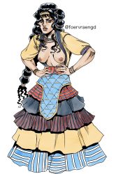 Rule 34 | 1girl, ancient greek clothes, araki hirohiko (style), artist name, black hair, bracelet, breasts, breasts apart, brown eyes, dress, foervraengd, full body, greco-roman clothes, hands on own hips, highres, history, jewelry, long hair, long sleeves, medium breasts, multi-tied hair, necklace, nipples, open clothes, parody, real life, simple background, solo, standing, style parody, very long hair, white background