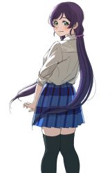 Rule 34 | 1girl, black thighhighs, blue skirt, commentary, dunchy, from behind, green eyes, highres, long hair, looking at viewer, love live!, love live! school idol project, pleated skirt, purple hair, shirt, simple background, skirt, solo, thighhighs, tojo nozomi, twintails, white background, white shirt