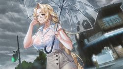 Rule 34 | 1girl, a (phrase), action taimanin, architecture, bra, braid, building, cloud, cloudy sky, east asian architecture, food, forehead, game cg, glasses, hand on own face, hands up, highres, holding, holding umbrella, ice cream, ice cream cone, ice cream stand, long hair, looking away, rain, see-through, short sleeves, sky, taimanin (series), traffic light, tree, umbrella, underwear, very long hair, wet, wet clothes