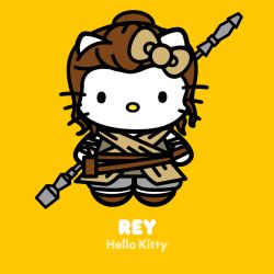 Rule 34 | 1girl, brown hair, cat, color background, cosplay, female focus, hello kitty, hello kitty (character), rey (star wars), rey (star wars) (cosplay), sanrio, star wars, tagme, yellow background