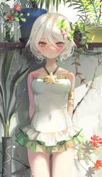 Rule 34 | 1girl, armlet, blush, covered navel, crack, cracked wall, flower, guunhanchi, hair between eyes, hair flower, hair ornament, highres, kokkoro (princess connect!), kokkoro (summer) (princess connect!), looking at viewer, one-piece swimsuit, plant, potted plant, princess connect!, purple eyes, short hair, smile, solo, swimsuit, white hair