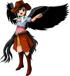 Rule 34 | 1girl, bare shoulders, black hair, black wings, boots, brown eyes, cowboy boots, cowboy hat, dress, feathered wings, flannel, full body, hat, kurokoma saki, long hair, medium hair, official art, open hand, scarf, smile, solo, tagme, touhou, transparent background, very long hair, wily beast and weakest creature, wings, zun (artist)