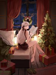 Rule 34 | 1girl, barefoot, book, box, building, christmas, christmas tree, curtains, gift, gift box, highres, indoors, looking at viewer, night, original, pillow, room, sitting, window, xu jeff