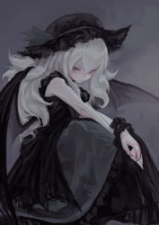 Rule 34 | 1girl, alternate hair color, alternate hair length, alternate hairstyle, bat wings, black dress, black ribbon, black scrunchie, commentary, dress, fkey, frills, glaring, hat, highres, looking at viewer, mob cap, own hands together, pale skin, red eyes, remilia scarlet, ribbon, scrunchie, short sleeves, simple background, sitting, sleeveless, solo, touhou, v arms, white hair, wings, wrist cuffs