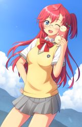 Rule 34 | 10s, 1girl, :3, :d, ;d, ano natsu de matteru, blue eyes, blush, bow, cloud, day, closed eyes, glasses, hand on own hip, hip focus, kuro (chrono), lens flare, long hair, one eye closed, open mouth, pleated skirt, red hair, rinon (ano natsu de matteru), school uniform, sitting, sitting on shoulder, skirt, sky, smile, solo, sweater vest, takatsuki ichika, wink