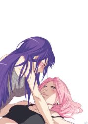 Rule 34 | 2girls, all fours, bare arms, bare shoulders, blue hair, blush, breasts, byakugan, closed mouth, collarbone, couple, determined, empty eyes, eye contact, facing another, fishnet top, fishnets, girl on top, green eyes, half-closed eyes, happy, haruno sakura, hyuuga hinata, large breasts, long hair, looking at another, looking down, looking up, lying, medium breasts, messy hair, multiple girls, naruto, naruto (series), naruto shippuuden, no pupils, on back, pink hair, purple eyes, purple hair, short hair, shy, sideboob, simple background, slj, smile, tank top, upper body, white background, yuri