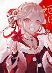 Rule 34 | 1girl, :d, absurdres, chinese clothes, coat, dokex xx, flower, fur-trimmed coat, fur trim, gold necklace, hair flower, hair ornament, hair ribbon, hands up, hanfu, highres, holding pinwheel, jewelry, mandarin collar, mingzhi hanfu, necklace, open mouth, original, pink eyes, pink nails, pinwheel, red coat, red hanfu, red ribbon, ribbon, ribbon braid, ribbon hair ornament, shirt, simple background, smile, solo, teeth, white background, white hair, white shirt, winter clothes