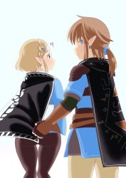 Rule 34 | 1boy, 1girl, annoyed, ass, blonde hair, blue eyes, brown hair, cape, covering privates, covering ass, earrings, elf, from behind, gloves, highres, jewelry, leggings, link, looking back, nintendo, pointy ears, ponytail, princess zelda, the legend of zelda, the legend of zelda: breath of the wild, the legend of zelda: tears of the kingdom, thigh gap, tunic