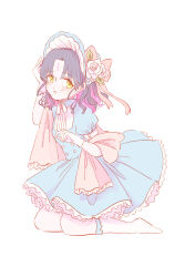 Rule 34 | 1girl, aged down, black hair, blue dress, blue hat, blush, bonnet, colored inner hair, commentary, dress, facial mark, fate/extra, fate/extra ccc, fate/grand order, fate (series), flower, forehead mark, frilled dress, frilled scarf, frills, from side, full body, gloves, hand up, hat, hat flower, highres, kneeling, leaf, lolita fashion, looking at viewer, medium hair, multicolored hair, no shoes, okina (nastuzashiki), pantyhose, parted bangs, parted lips, pink hair, pink ribbon, pink scarf, puffy short sleeves, puffy sleeves, ribbon, scarf, sessyoin kiara, short sleeves, simple background, solo, white background, white flower, white gloves, white pantyhose, yellow eyes