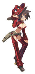 Rule 34 | 1girl, bag, belt, breasts, brown hair, cleavage, cowboy hat, cowboy western, cropped jacket, disgaea, full body, glasses, gunslinger (disgaea), harada takehito, hat, holding, holding clothes, holding hat, large breasts, makai senki disgaea 3, official art, red eyes, red thighhighs, round eyewear, shoes, short hair, smile, solo, spiked hair, thighhighs
