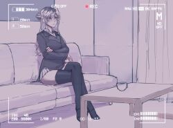 Rule 34 | 1girl, arms under breasts, battery indicator, black thighhighs, blush, breasts, buttons, coffee, coffee mug, coffee table, commentary, couch, crossed legs, cup, dangodes, english commentary, grey eyes, grey hair, hair between eyes, hair bun, high heels, highres, indoors, jacket, lapels, long hair, medium breasts, miniskirt, mug, muted color, notched lapels, on couch, original, parted lips, pleated skirt, recording, shirt, single hair bun, single side bun, sitting, skirt, solo, suit jacket, table, thighhighs, viewfinder, white hair, white shirt, white skirt, zettai ryouiki