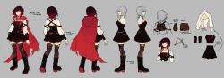 Rule 34 | 1girl, absurdres, backpack, bag, belt, belt buckle, boots, brown hair, buckle, character name, cloak, ein lee, english text, full body, gradient hair, grey background, highres, multicolored hair, multiple views, official art, red hair, ruby rose, rwby, silver hair, simple background, skirt, standing, thighhighs, two-tone hair