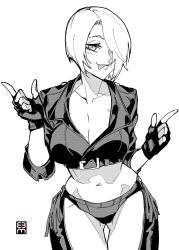Rule 34 | 1girl, absurdres, angel (kof), artist logo, breasts, chaps, cleavage, collarbone, cowboy shot, cropped jacket, double finger gun, ericmartindood, eyelashes, female focus, finger gun, fingerless gloves, gloves, gluteal fold, grin, hair over one eye, hands up, highres, jacket, large breasts, leather, leather jacket, lips, looking at viewer, mexico, monochrome, navel, short hair, simple background, sleeves rolled up, smile, solo, the king of fighters, thigh gap, thighs, tongue, tongue out, white background, white hair