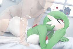Rule 34 | 1boy, 1girl, ass, bed, blush, creatures (company), cum, doggystyle, ejaculation, game freak, gardevoir, gen 3 pokemon, hand on own face, heart, highres, indoors, lying, nintendo, nude, pillow, pillow grab, pokemon, pokemon (creature), red eyes, sex, sex from behind, smewed