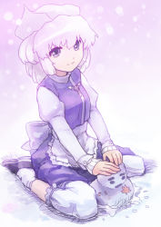 Rule 34 | 1girl, bad id, bad pixiv id, female focus, full body, gradient background, hat, kaito (k4itoh), kneeling, letty whiterock, purple eyes, purple theme, shoes, short hair, sitting, smile, snow, snowman, socks, solo, touhou, v arms, wariza, white hair