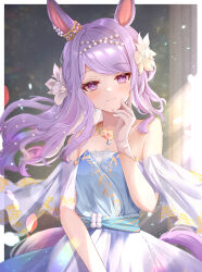 Rule 34 | 1girl, absurdres, animal ears, blue dress, blush, border, closed mouth, collarbone, dress, floating hair, flower, hair flower, hair ornament, highres, horse ears, horse girl, horse tail, jewelry, light purple hair, light smile, long hair, looking at viewer, mejiro mcqueen (heart exposed to the night breeze) (umamusume), mejiro mcqueen (umamusume), necklace, purple eyes, sky cappuccino, solo, swept bangs, tail, umamusume, upper body, white border, white flower