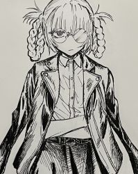 Rule 34 | braid, braided hair rings, buttons, frown, glasses, greyscale, hair rings, highres, ink, jacket, jacket on shoulders, kotoyama, looking at viewer, monochrome, ringed eyes, round eyewear, shirt, simple background, traditional media, twin braids, white background