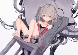 Rule 34 | 1girl, bare shoulders, barefoot, brown hair, chair, collarbone, dutch angle, elbow gloves, feet, gloves, gradient background, grey background, grey eyes, hair between eyes, machine, on chair, original, red gloves, shiromiso, short hair, sitting, solo, strap slip