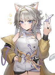 Rule 34 | 1girl, animal ear fluff, animal ears, arknights, bare shoulders, blue eyes, blush, breasts, cat ears, cat girl, cat tail, closed mouth, coat, cowboy shot, flower knot, hair bun, hairband, hand on own hip, highres, holding, holding weapon, horn/wood, jewelry, kazemaru (arknights), leotard, long hair, long sleeves, looking at viewer, medium breasts, nail polish, notice lines, off shoulder, open clothes, open coat, purple nails, ribbon, ring, shuriken, side bun, silver hair, simple background, single hair bun, single side bun, solo, tail, very long hair, weapon, white background, white hairband, white leotard, yellow coat, yellow ribbon