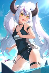 Rule 34 | 1girl, absurdres, almico, bare shoulders, grey hair, highres, hololive, holox, horns, la+ darknesss, long hair, looking at viewer, open mouth, solo, swimsuit, virtual youtuber, yellow eyes
