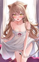Rule 34 | 1girl, absurdres, ahoge, animal ears, backlighting, bare shoulders, breasts, crossed bangs, curtains, dress, fangs, hair between eyes, highres, indie virtual youtuber, light brown hair, lion ears, lion tail, long hair, looking at viewer, open mouth, panties, panty pull, pulling own clothes, rurudo lion, rurudo lion (1st costume), sak (lemondisk), sleeveless, sleeveless dress, small breasts, solo, strap slip, sweat, tail, thigh gap, thighs, underwear, very long hair, virtual youtuber, white dress, white panties, yellow eyes