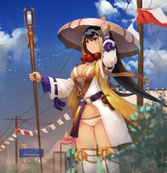 Rule 34 | 1girl, adjusting clothes, adjusting headwear, bikini, bikini top only, black hair, breasts, cleavage, cloud, day, fate/grand order, fate (series), hat, large breasts, long hair, neo-masterpeacer, outdoors, red eyes, robe, sky, smile, solo, standing, swimsuit, thighhighs, xuangzang sanzang (fate)