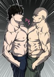 Rule 34 | 2boys, abs, absurdres, bad id, bad pixiv id, bald, bara, check copyright, copyright request, eye contact, feet out of frame, from side, frown, glaring, highres, large pectorals, looking at another, male focus, medium hair, multiple boys, muscular, muscular male, nipples, original, pectoral docking, pectoral press, pectorals, short hair, stitches, stomach, topless male, translation request, u2suke