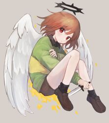 Rule 34 | 1other, angel wings, black shirt, black socks, brown footwear, brown shorts, chara (undertale), collared shirt, dark halo, flower, green sweater, grey background, halo, hand on own arm, heart, heart necklace, highres, holding, holding knife, jewelry, knife, loafers, long sleeves, looking at viewer, medium hair, nano mochi, necklace, red eyes, shirt, shoes, shorts, simple background, socks, solo, sweater, undertale, wings, yellow flower