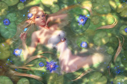 Rule 34 | 1girl, blonde hair, breasts, bug, butterfly, cleavage, dress, flower, highres, bug, lily pad, nintendo, partially submerged, princess zelda, prywinko, solo, the legend of zelda, the legend of zelda: breath of the wild, water, wet, wet clothes, wet dress, white dress