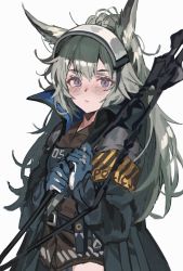 Rule 34 | 1girl, :&lt;, animal ears, aogisa, arknights, armband, blue gloves, gloves, grani (arknights), grey hair, highres, hip vent, holding, holding weapon, horse ears, jacket, long hair, looking at viewer, purple eyes, simple background, solo, upper body, visor cap, weapon, white background
