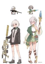 Rule 34 | 2girls, ahoge, antenna hair, blouse, bolt action, bridal gauntlets, cheytac m200, chibi, cosplay, costume switch, elf, flat chest, freshprincejune, girls&#039; frontline, grey hair, gun, highres, kokkoro (princess connect!), m200 (girls&#039; frontline), multiple girls, pink eyes, pointy ears, polearm, princess connect!, purple eyes, rifle, scope, see-through, see-through sleeves, shirt, sidelocks, simple background, sketch, sniper rifle, socks, spear, thighs, weapon, white background, white shirt