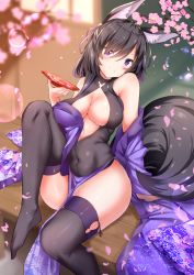 Rule 34 | 1girl, alcohol, animal ear fluff, animal ears, armpit crease, bare shoulders, black hair, black thighhighs, blurry, blush, breasts, cherry blossoms, cleavage, closed mouth, commentary request, covered navel, cup, depth of field, fox ears, fox tail, gradient hair, hair over one eye, hand up, head tilt, highres, holding, knee up, long hair, long sleeves, looking at viewer, medium breasts, multicolored hair, no shoes, off shoulder, original, pelvic curtain, petals, purple eyes, purple hair, sakazuki, sake, sitting, sleeveless, sleeves past wrists, smile, solo, spilling, tail, thighhighs, thighs, wide sleeves, yukishiro arte