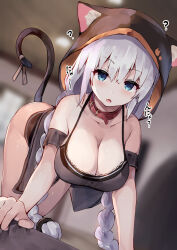Rule 34 | 1girl, :o, ?, all fours, animal collar, animal ears, animal hood, bare shoulders, black camisole, blue eyes, blurry, blurry background, bottomless, braid, breasts, camisole, cat ears, cat hood, cat tail, cleavage, collar, collarbone, detached sleeves, expressionless, eyelashes, fang, from below, grey hoodie, hair between eyes, hanging breasts, highres, hood, hood up, hoodie, indoors, kizuna akari, large breasts, legs together, light blush, long hair, looking at viewer, looking down, open mouth, red collar, ribbon, se-u-ra, short sleeves, skin fang, solo, spaghetti strap, tail, tail ornament, tail raised, tail ribbon, twin braids, voiceroid, white hair