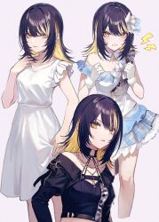 Rule 34 | 1girl, black hair, black shirt, blonde hair, blush, chain, chain necklace, choker, clenched hands, collarbone, cow, detached collar, dress, fur-trimmed gloves, fur trim, gloves, idolmaster, idolmaster shiny colors, ikaruga luca, jewelry, layered skirt, looking at viewer, medium hair, multicolored hair, multiple persona, necklace, neme, o-ring, o-ring choker, shirt, simple background, skirt, spread the wings!! (idolmaster), streaked hair, sundress, sweatdrop, upper body, white dress