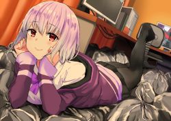 Rule 34 | 10s, 1girl, black pantyhose, black skirt, blush, bow, bowtie, breasts, cable, chair, closed mouth, collared shirt, computer, curtains, dutch angle, gridman universe, hands on own cheeks, hands on own face, hands up, highres, indoors, jacket, leg up, light purple hair, long sleeves, looking at viewer, lying, medium breasts, miniskirt, monitor, off shoulder, office chair, on stomach, open clothes, open jacket, pantyhose, pleated skirt, purple bow, purple bowtie, purple jacket, red eyes, saku (syake135), school uniform, shinjou akane, shirt, short hair, sidelocks, skirt, sleeves past wrists, smile, solo, ssss.gridman, swivel chair, trash bag, white shirt