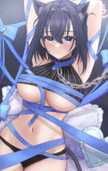 Rule 34 | 1girl, absurdres, animal ears, arms up, black hair, black panties, blue collar, blue eyes, blue ribbon, blush, bound, breasts, cat ears, cat tail, chain, chain leash, collar, crop top, cushion, hair between eyes, hair intakes, heart, heart-shaped pillow, highres, hololive, hololive english, large breasts, leash, looking at viewer, mofu07519, navel, ouro kronii, panties, parted lips, paw print, pillow, ribbon, ribbon bondage, short hair, solo, stomach, tail, underboob, underwear, virtual youtuber, zipper