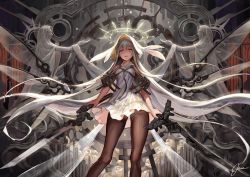 Rule 34 | 1girl, :d, bare shoulders, blush, brown eyes, brown pantyhose, commentary request, detached wings, dress, dual wielding, feet out of frame, flower, grey hair, halo, highres, holding, holding sword, holding weapon, hood, hood up, long hair, looking at viewer, mechanical wings, okuma mai, open mouth, original, pantyhose, rose, signature, sleeveless, sleeveless dress, smile, solo, standing, statue, sword, transparent wings, very long hair, weapon, white dress, white flower, white rose, wings