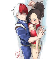 Rule 34 | 1boy, 1girl, accidental pervert, against wall, artist name, black hair, blue eyes, blue pants, blue shirt, bodysuit, boku no hero academia, breast press, breasts, burn scar, center opening, cleavage, grey eyes, hair pulled back, heterochromia, highres, invisible wall, large breasts, medium hair, multicolored hair, pants, ponytail, qpqpqp117117, red bodysuit, red hair, scar, scar on face, shirt, short hair, simple background, split-color hair, todoroki shouto, two-tone hair, white background, white hair, yaoyorozu momo